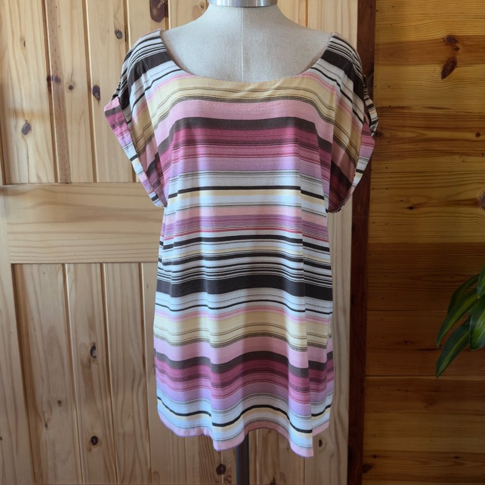 Liz Claiborne Womens Multicolor Stripe Short Sleeve Blouse 1X